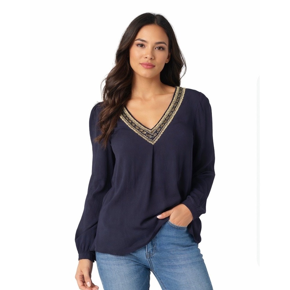 Skies Are Blue Navy Beaded V-Neck Cold Shoulder Blouse Top Medium 34346DL